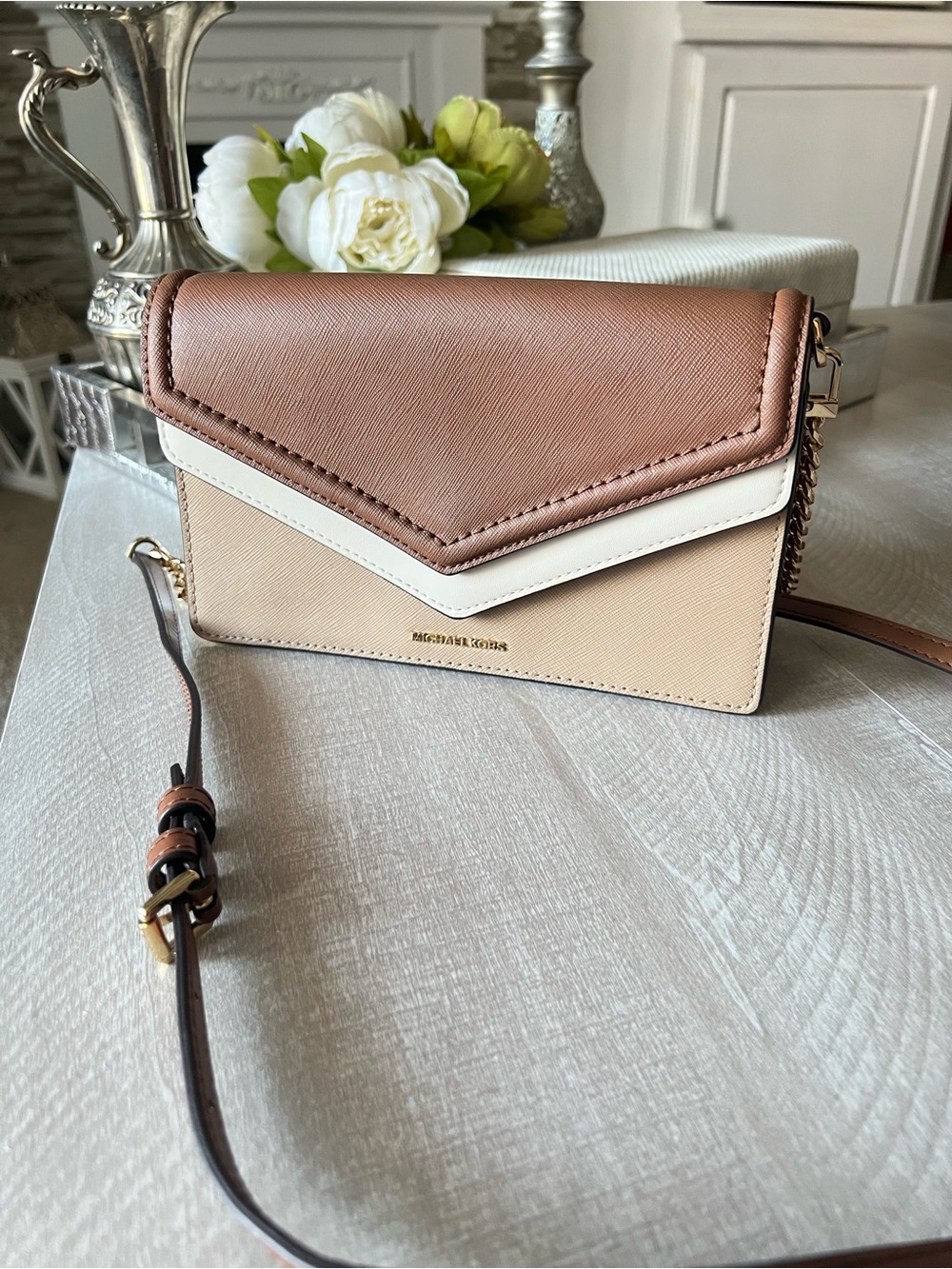 Michael Kors Tri-Tone block color Envelope Crossbody -Brown, Cream, Beige